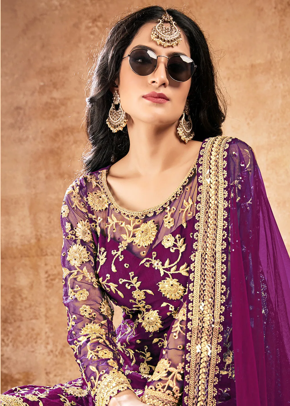 Sober Purple Net Sequins Pakistani Gharara Suit