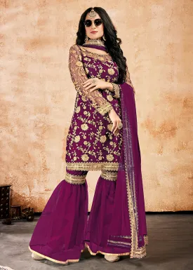 Sober Purple Net Sequins Pakistani Gharara Suit