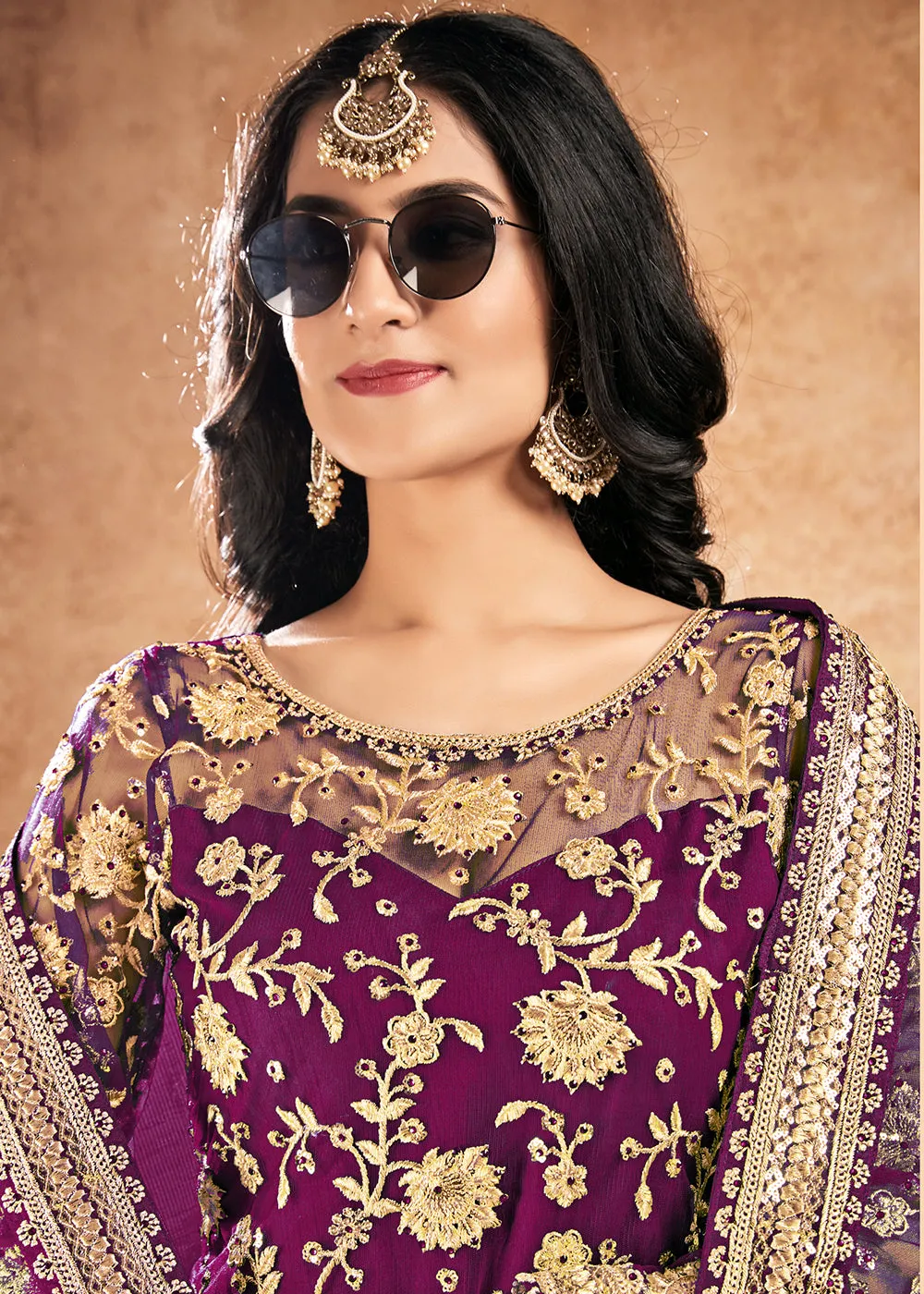 Sober Purple Net Sequins Pakistani Gharara Suit