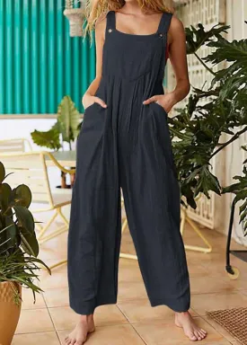 Solid Color Button Sleeveless Overalls Side Pocket Jumpsuit For Women