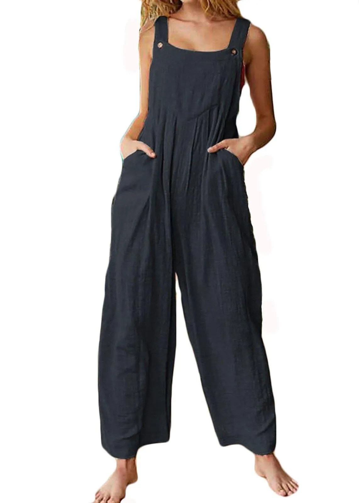 Solid Color Button Sleeveless Overalls Side Pocket Jumpsuit For Women