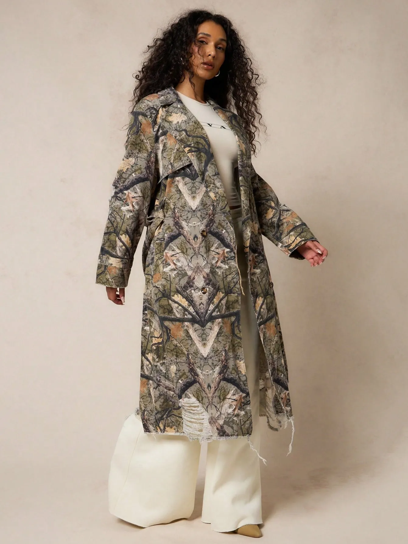 SUMWON WOMEN Denim Camo All Over Print Trench Coat With Distressing