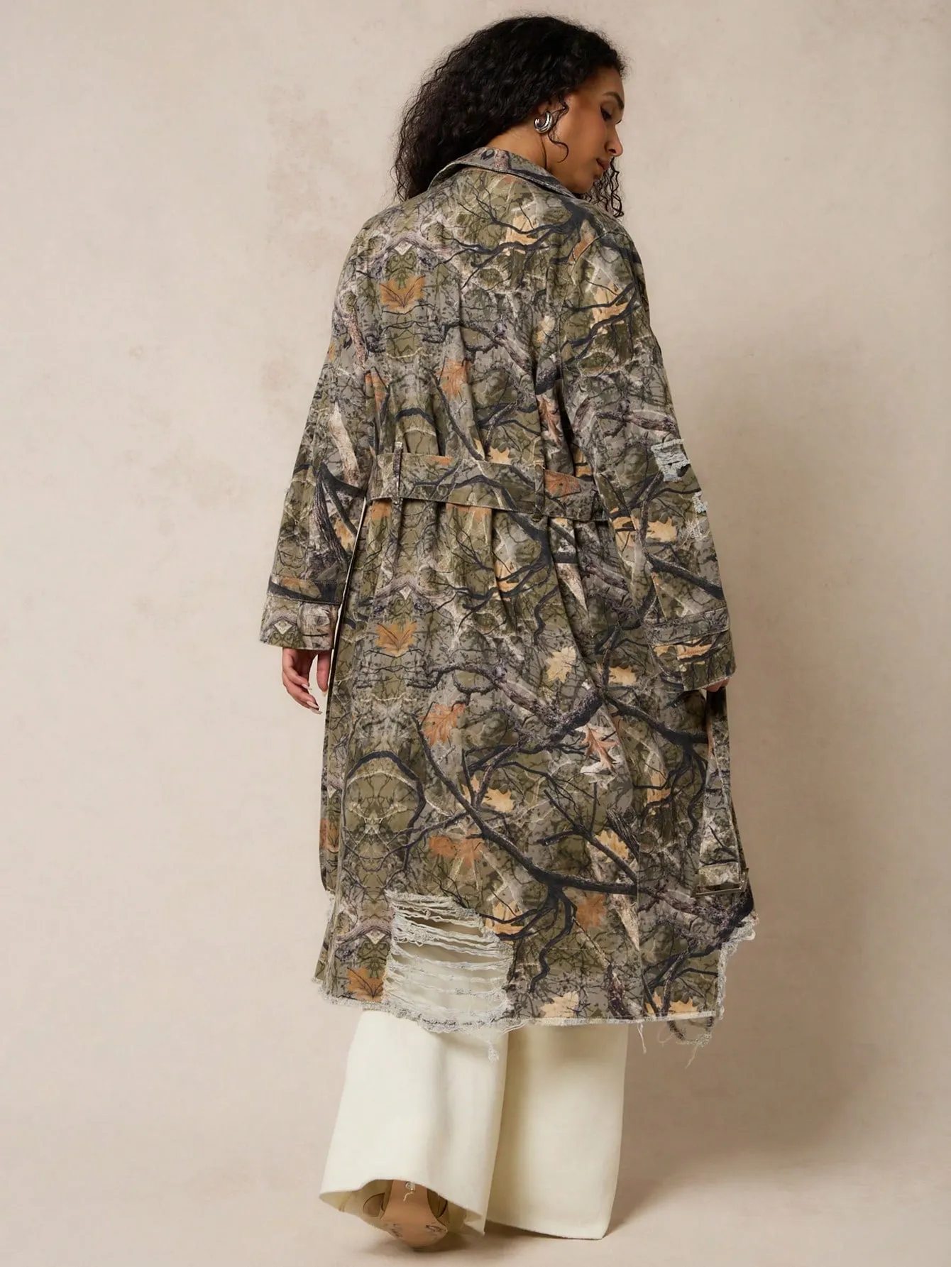 SUMWON WOMEN Denim Camo All Over Print Trench Coat With Distressing