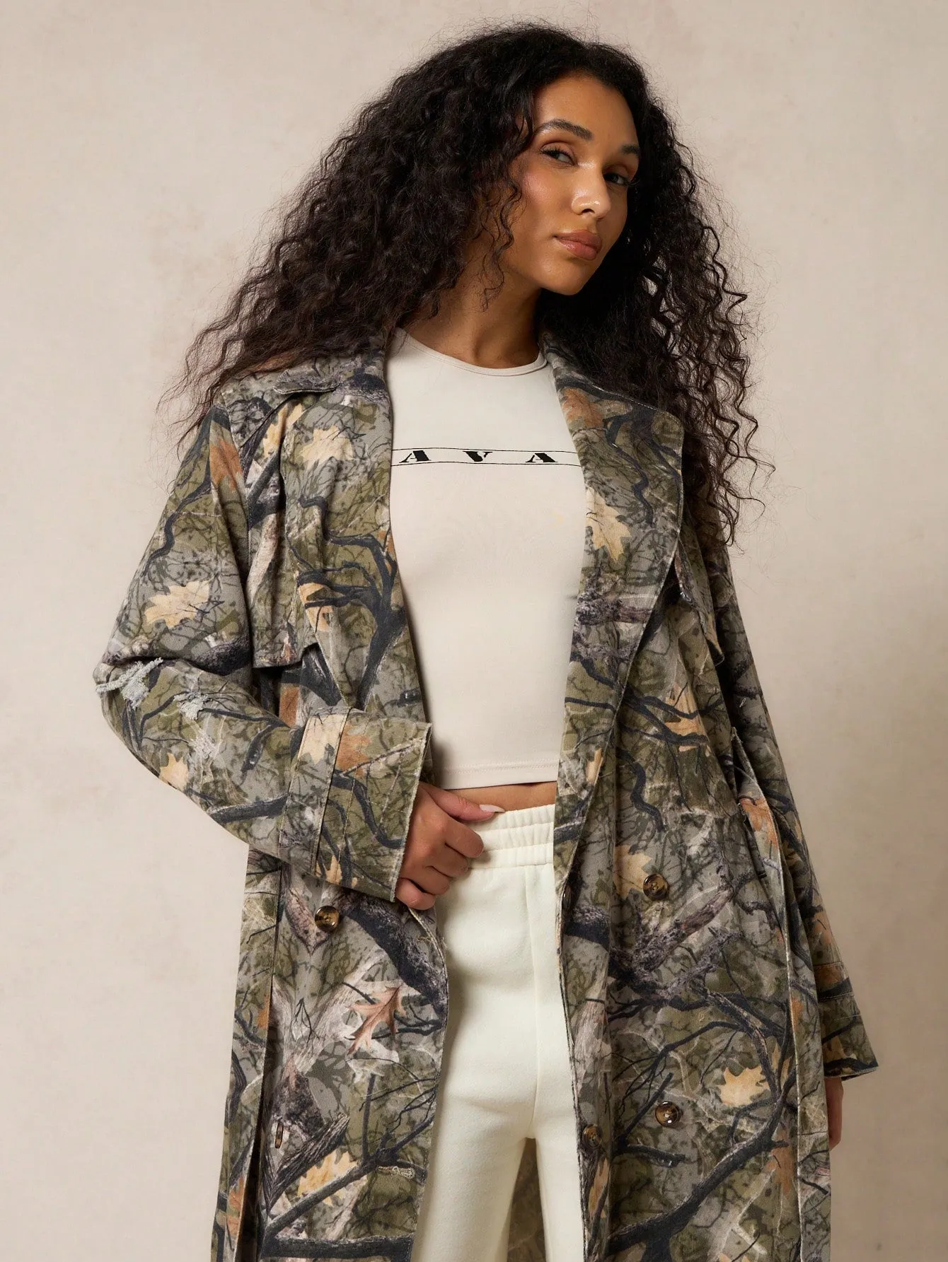 SUMWON WOMEN Denim Camo All Over Print Trench Coat With Distressing