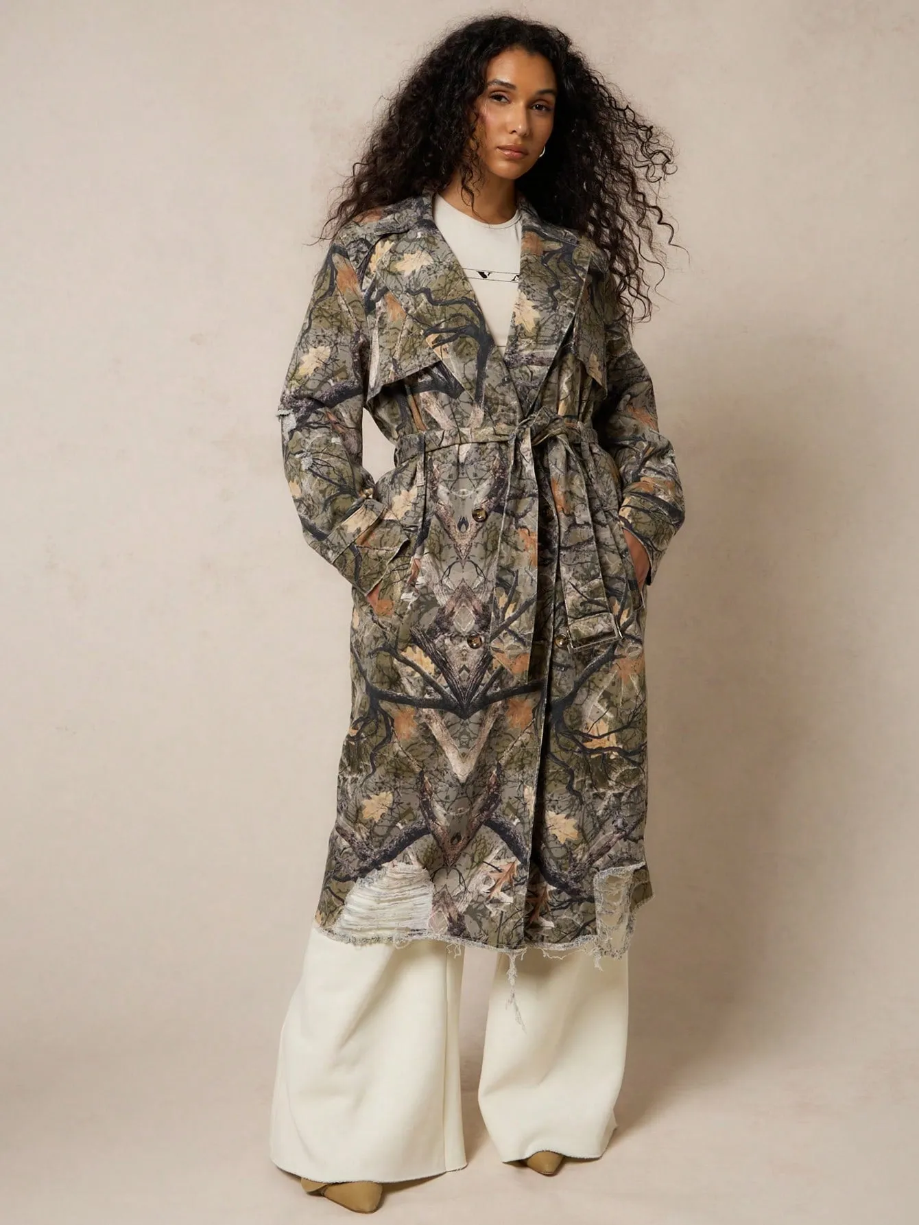 SUMWON WOMEN Denim Camo All Over Print Trench Coat With Distressing