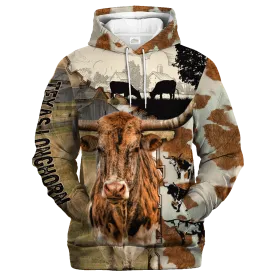 Texas Longhorn Fur Pattern On The Farm Hoodie, Texas Longhorn Hoodie