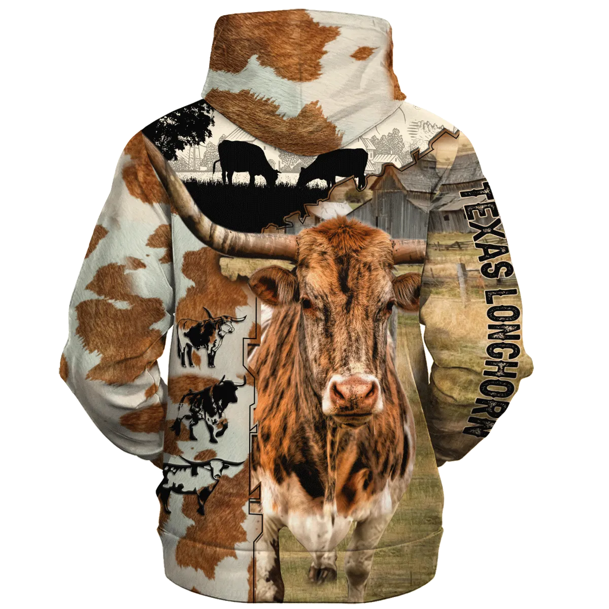 Texas Longhorn Fur Pattern On The Farm Hoodie, Texas Longhorn Hoodie