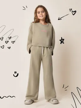 Tween Girls Comfy Raw Edge Crop Sweatshirt & Wide Leg Pant 2 Piece Set