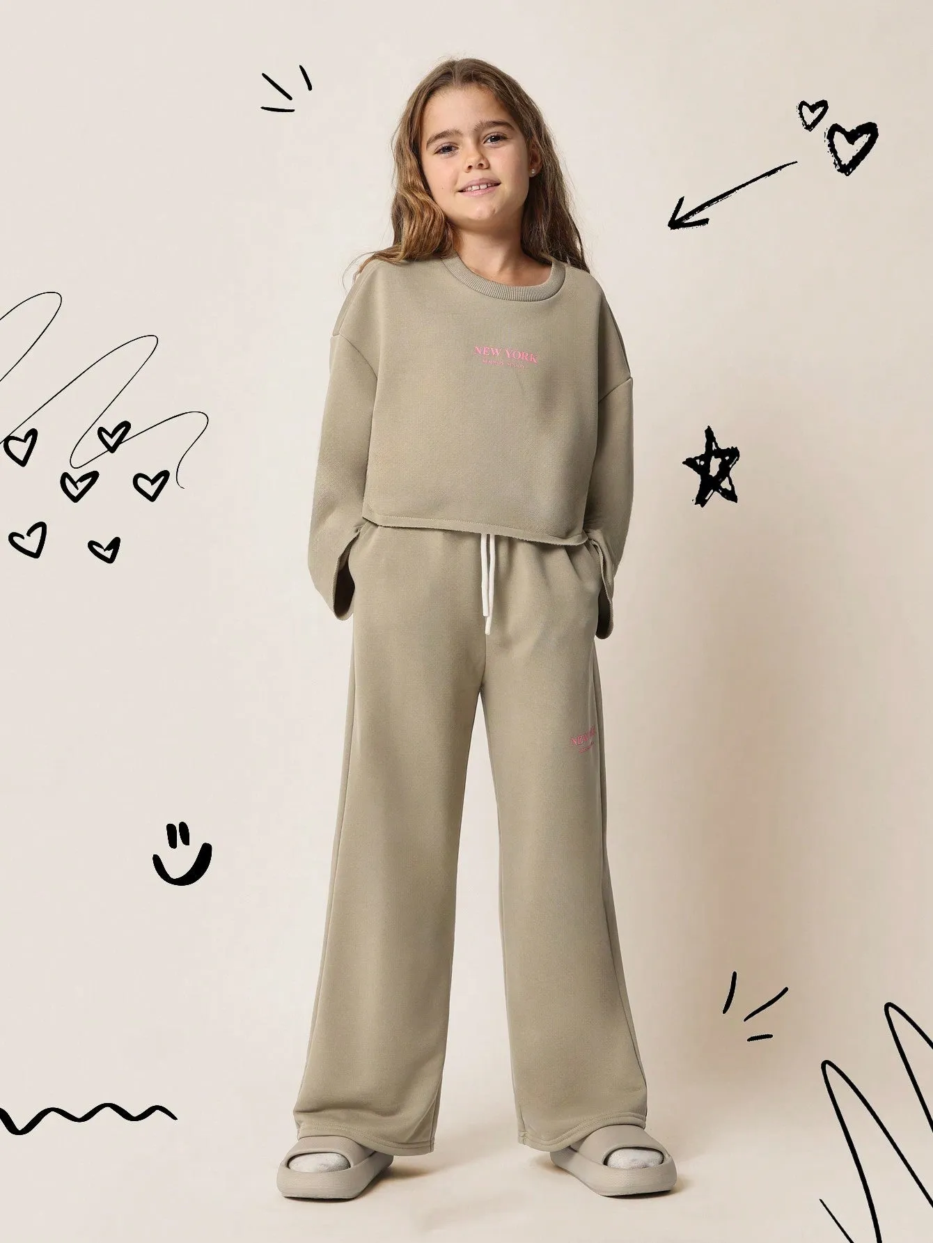 Tween Girls Comfy Raw Edge Crop Sweatshirt & Wide Leg Pant 2 Piece Set