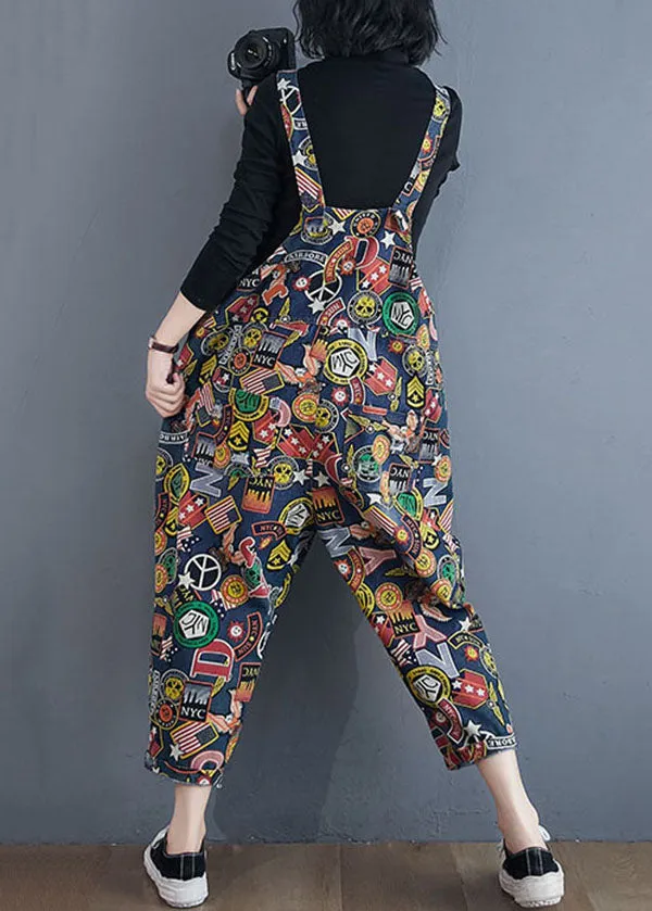 Unique Blue Print Pockets Patchwork Cotton Overalls Jumpsuit Spring