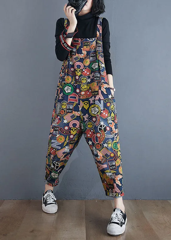 Unique Blue Print Pockets Patchwork Cotton Overalls Jumpsuit Spring