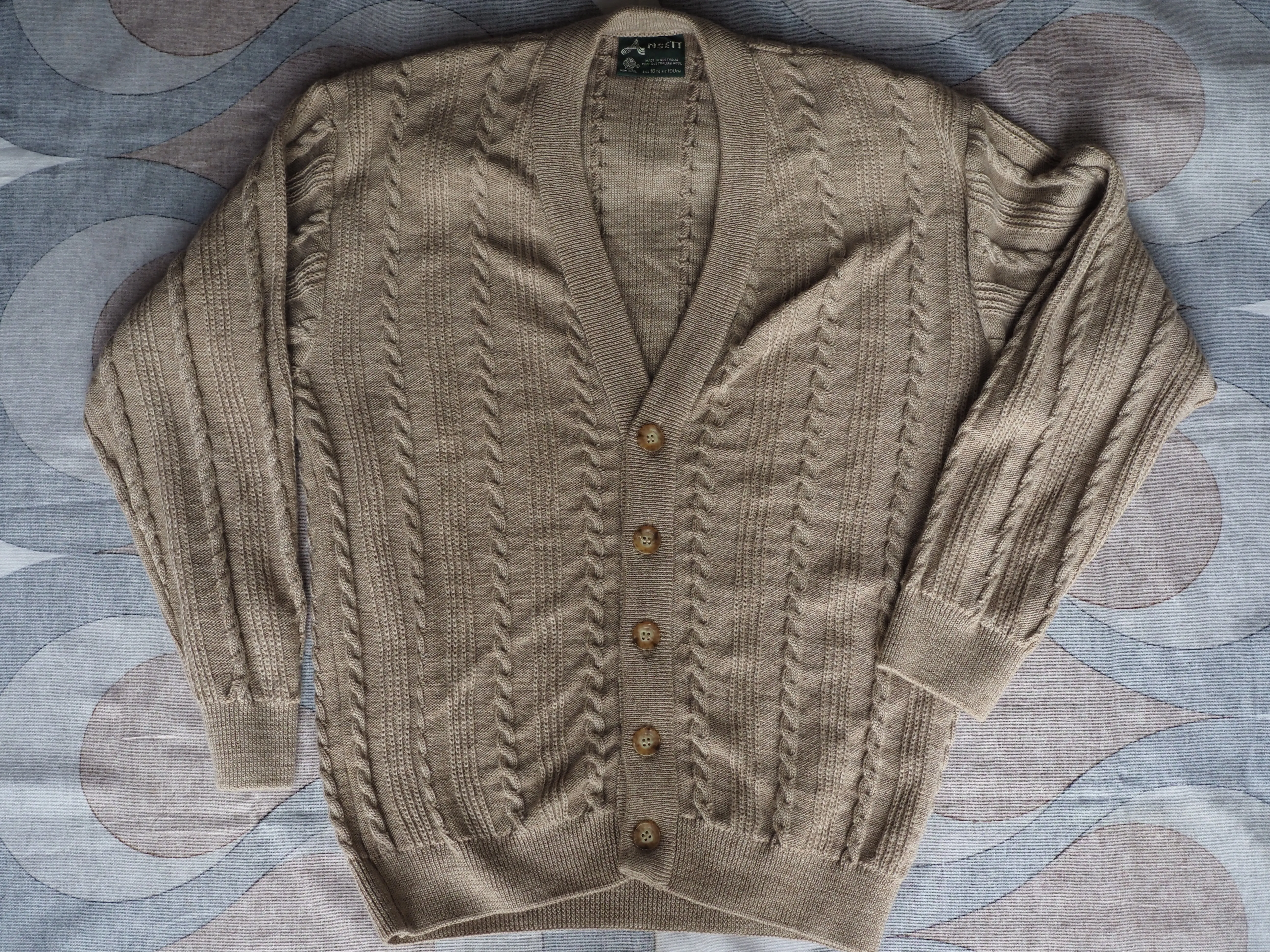 Vintage 1990s pure wool cable-knit cardigan, made in Australia, Large