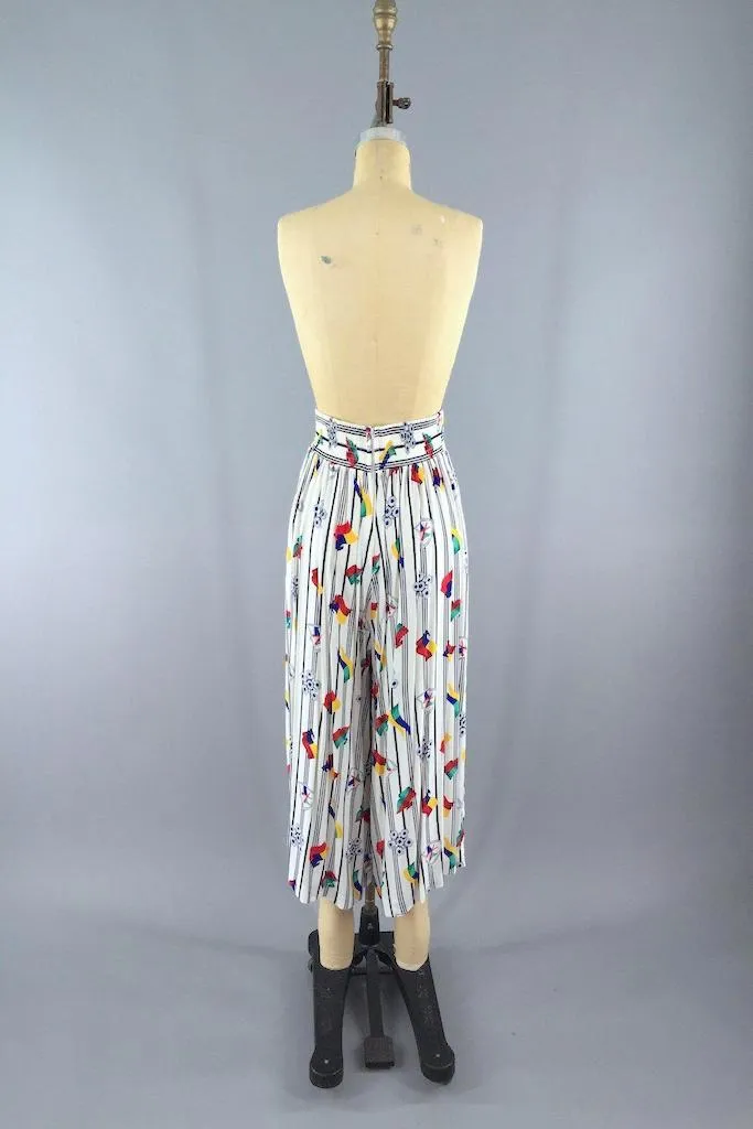 Vintage Nautical Print Palazzo Capri Pants