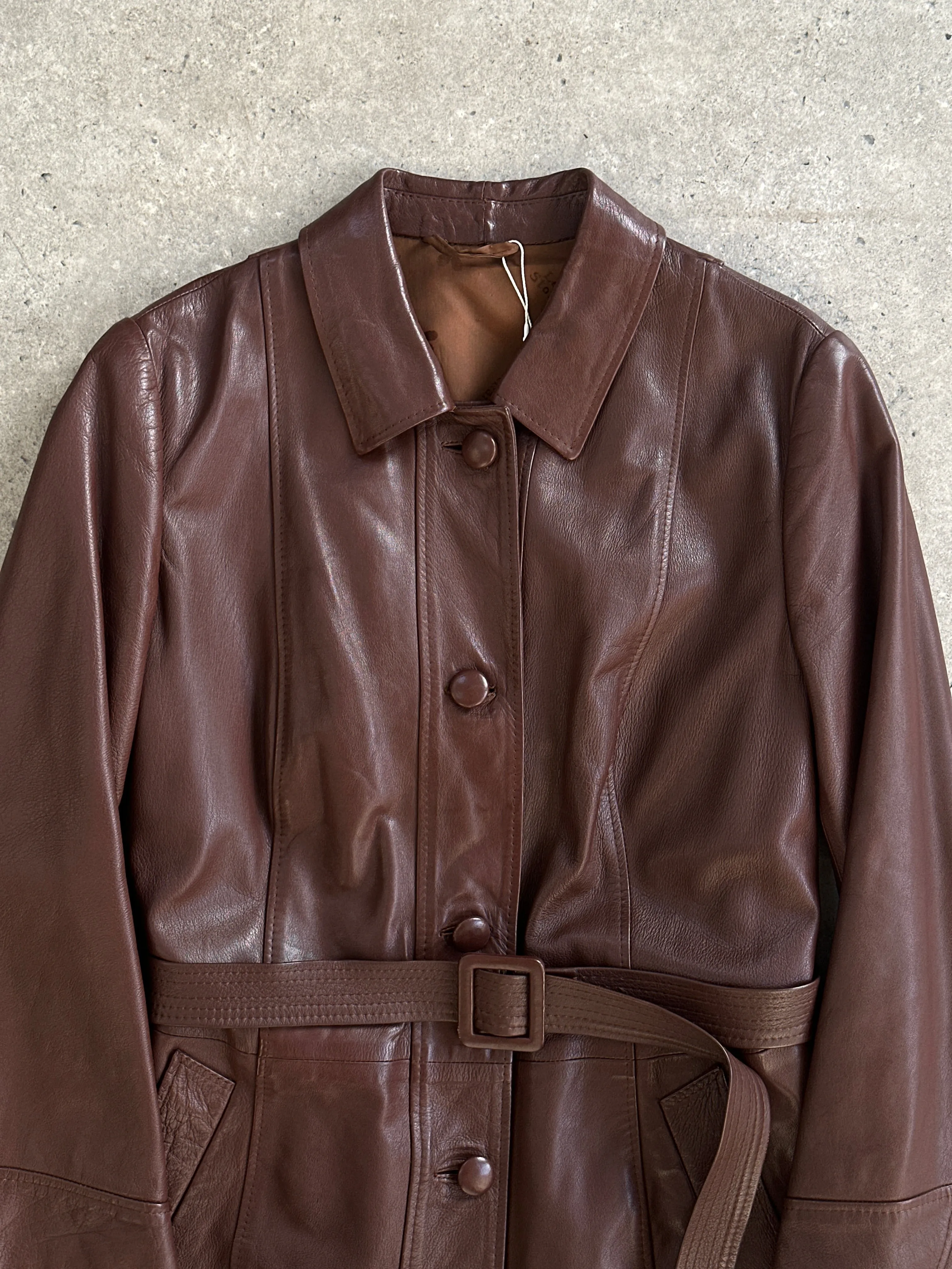 Vintage Smooth Leather Belted Trench Coat - M/L