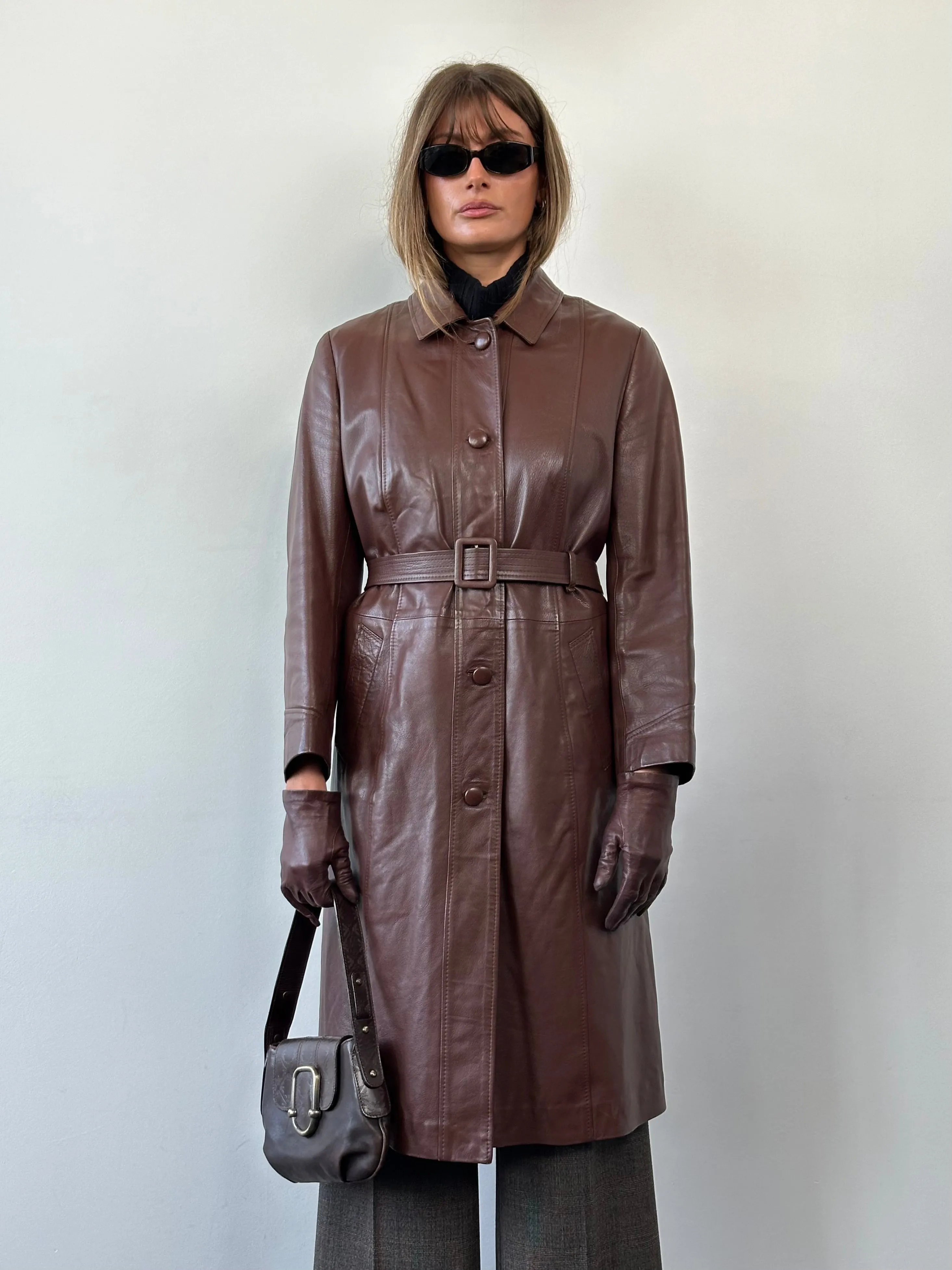 Vintage Smooth Leather Belted Trench Coat - M/L