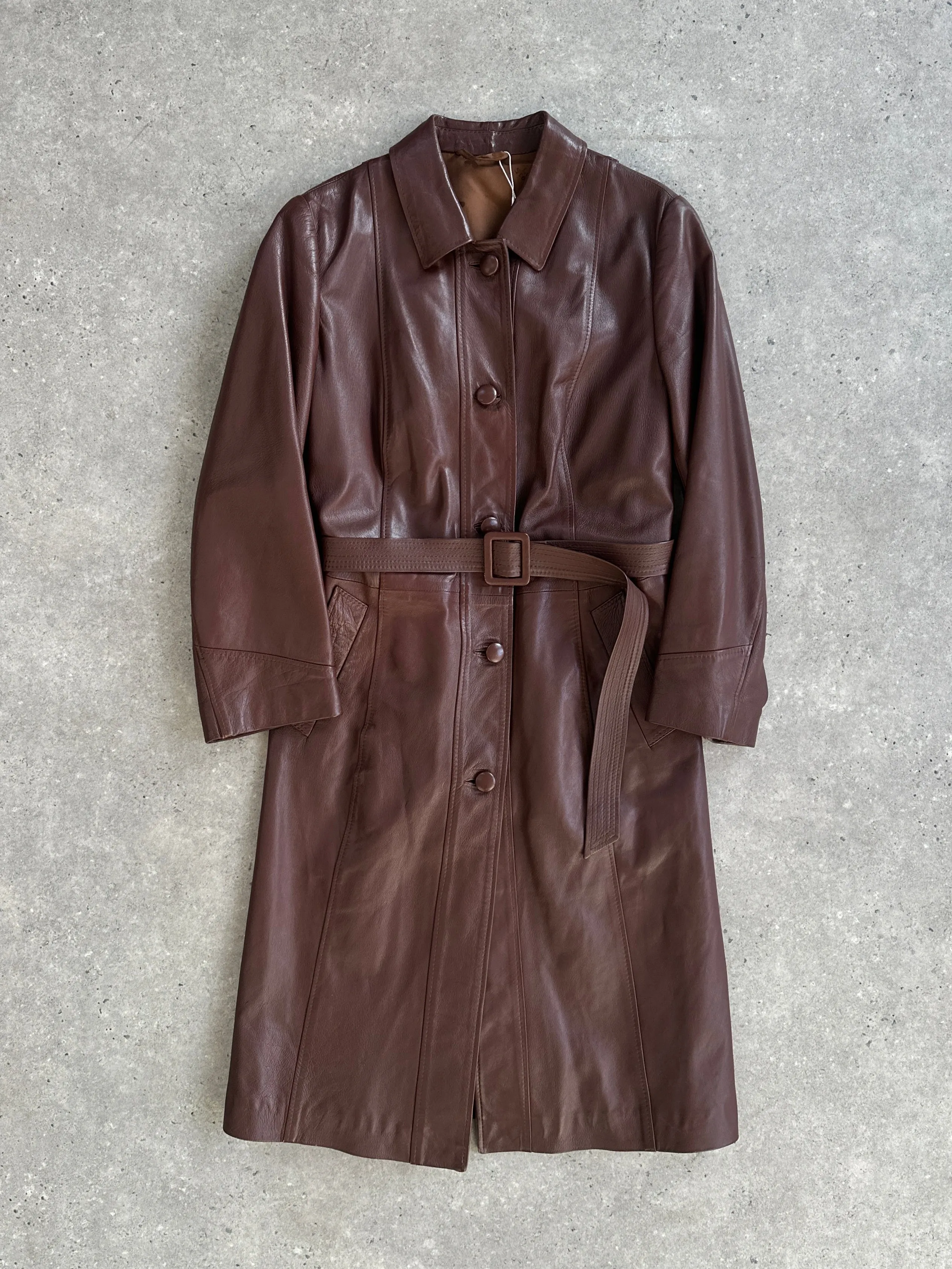 Vintage Smooth Leather Belted Trench Coat - M/L