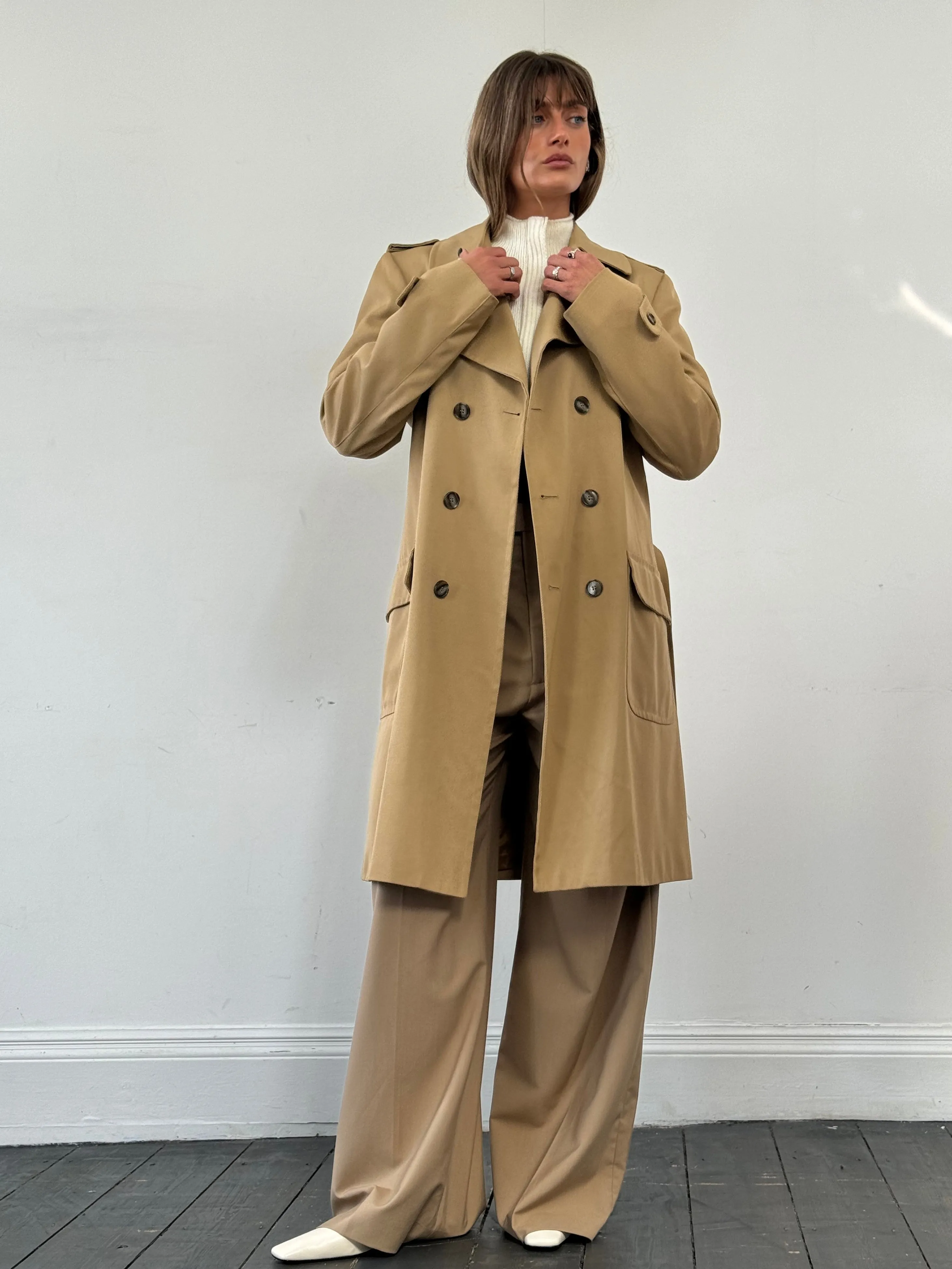 Vintage Wool Double Breasted Trench Coat - L