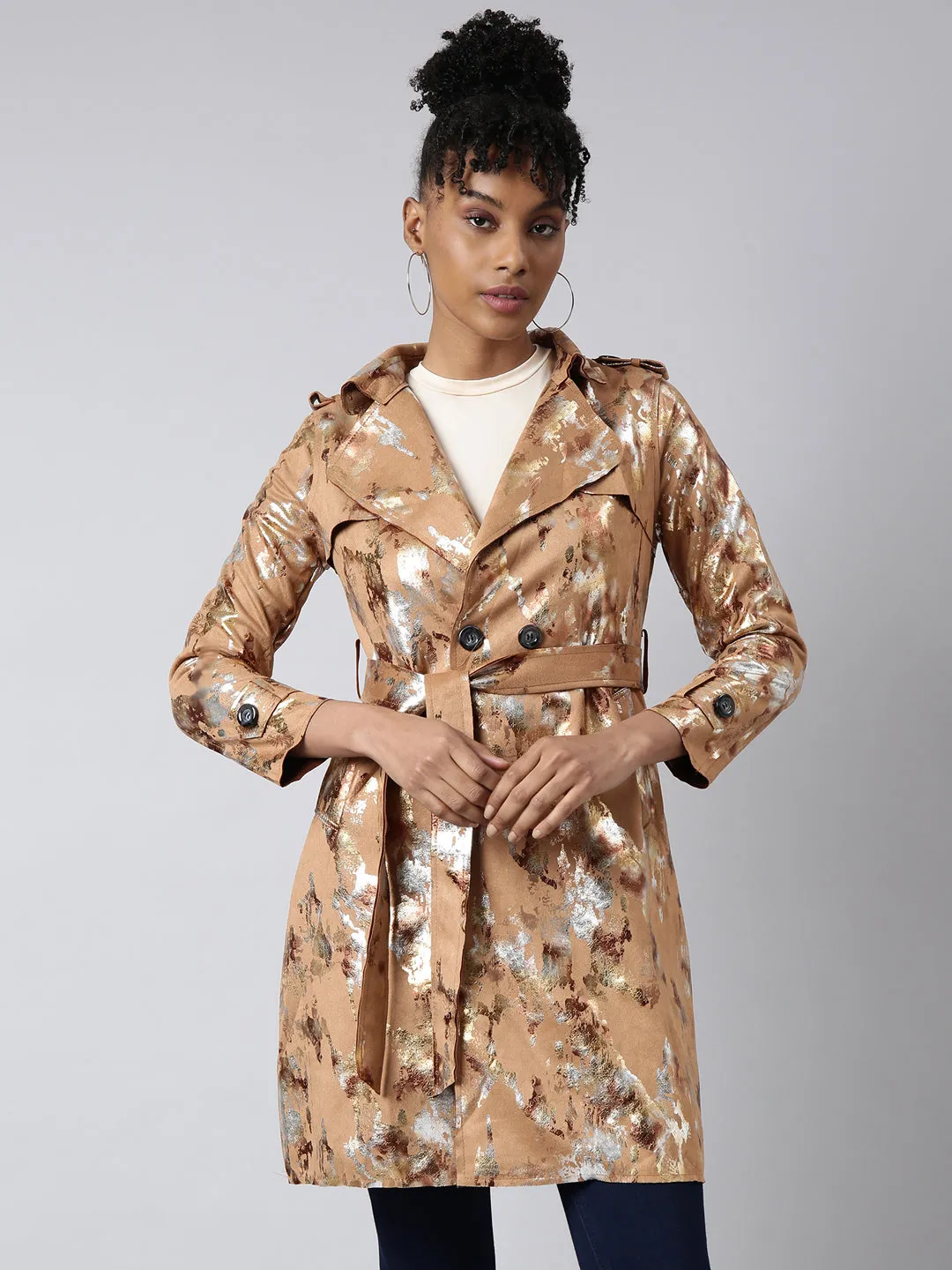 Women Abstract Longline Camel Brown Trench Coat