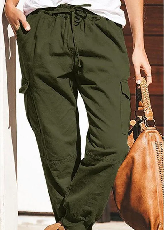 Women Solid Color Cotton Pockets Overalls Trouser Pants