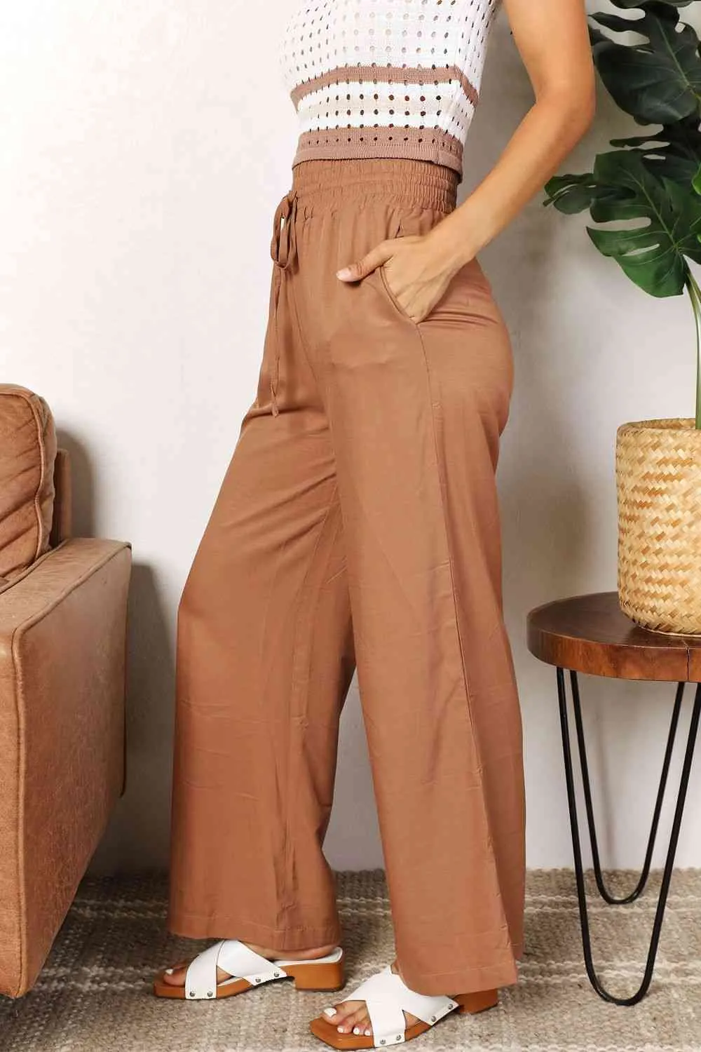 Women's Double Take Drawstring Smocked Waist Wide Leg Pants