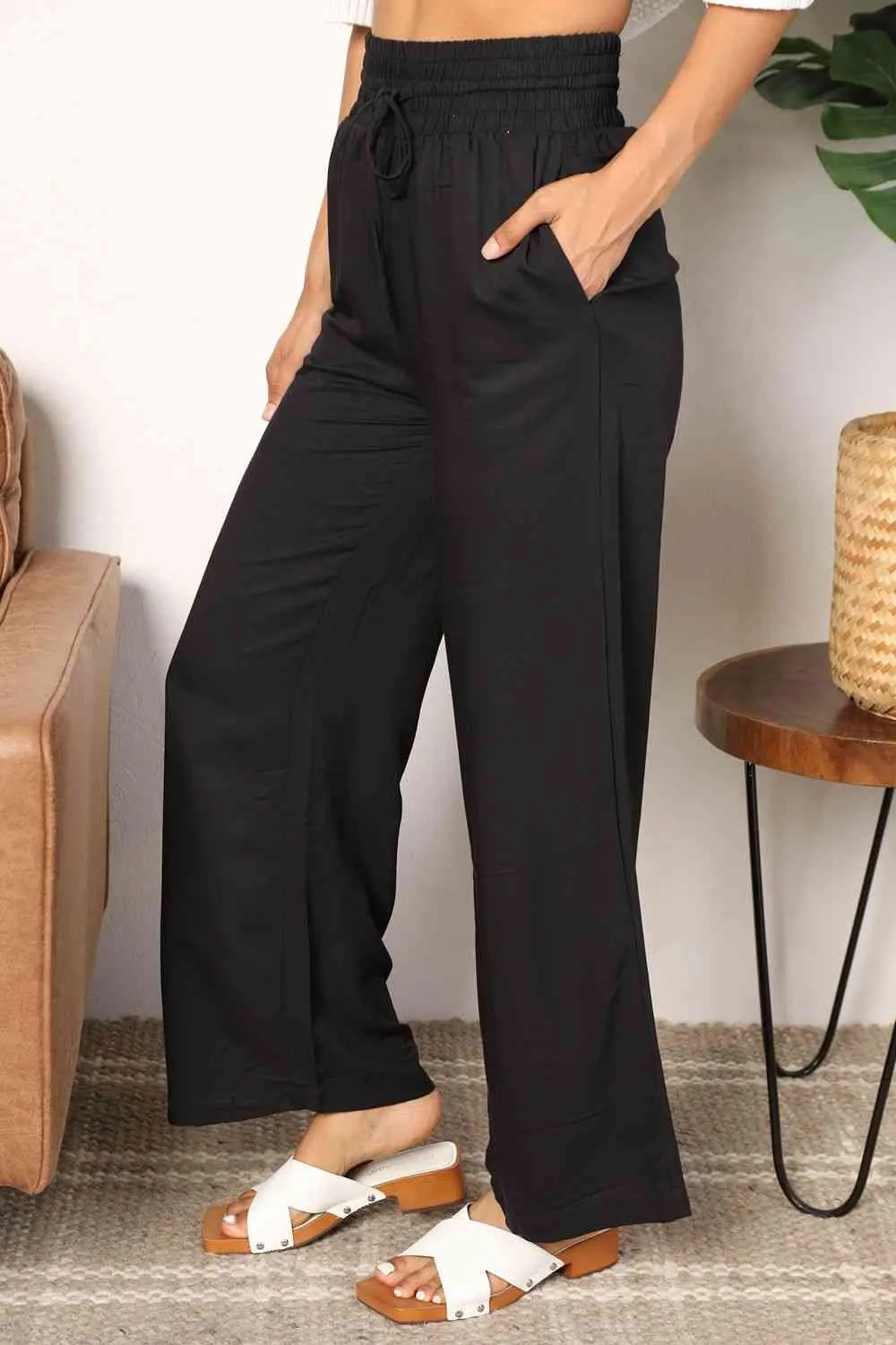 Women's Double Take Drawstring Smocked Waist Wide Leg Pants