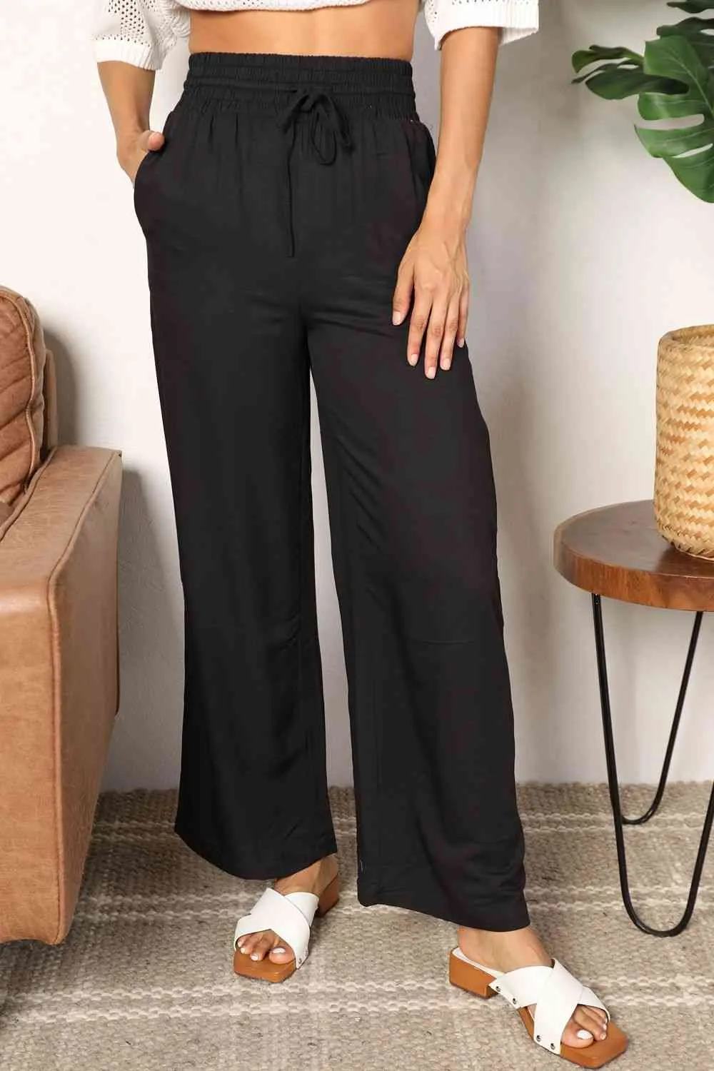 Women's Double Take Drawstring Smocked Waist Wide Leg Pants