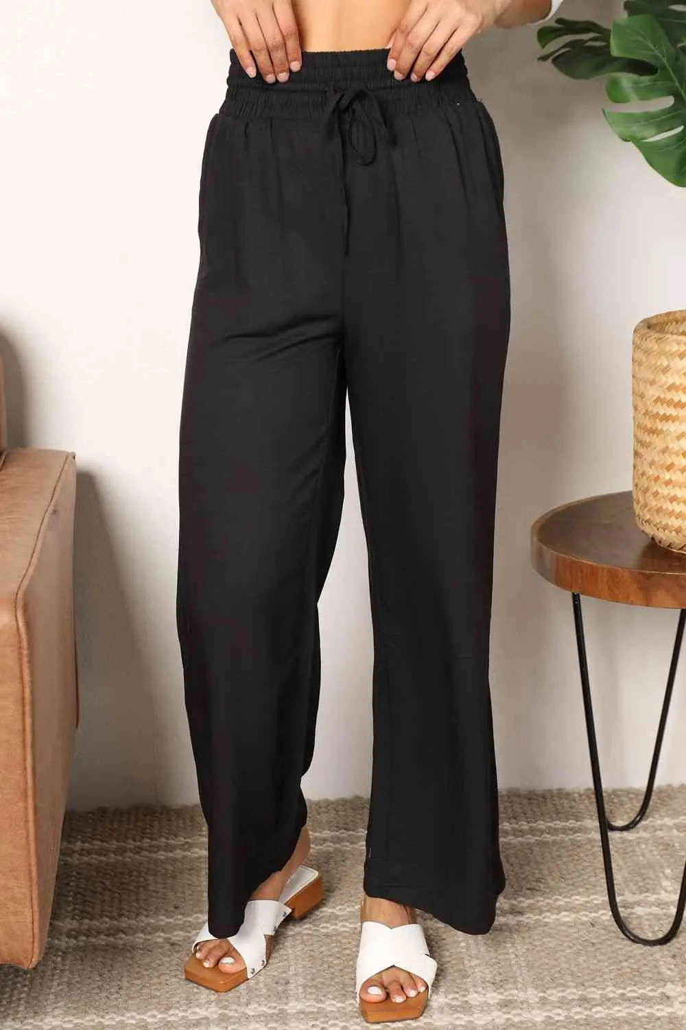 Women's Double Take Drawstring Smocked Waist Wide Leg Pants