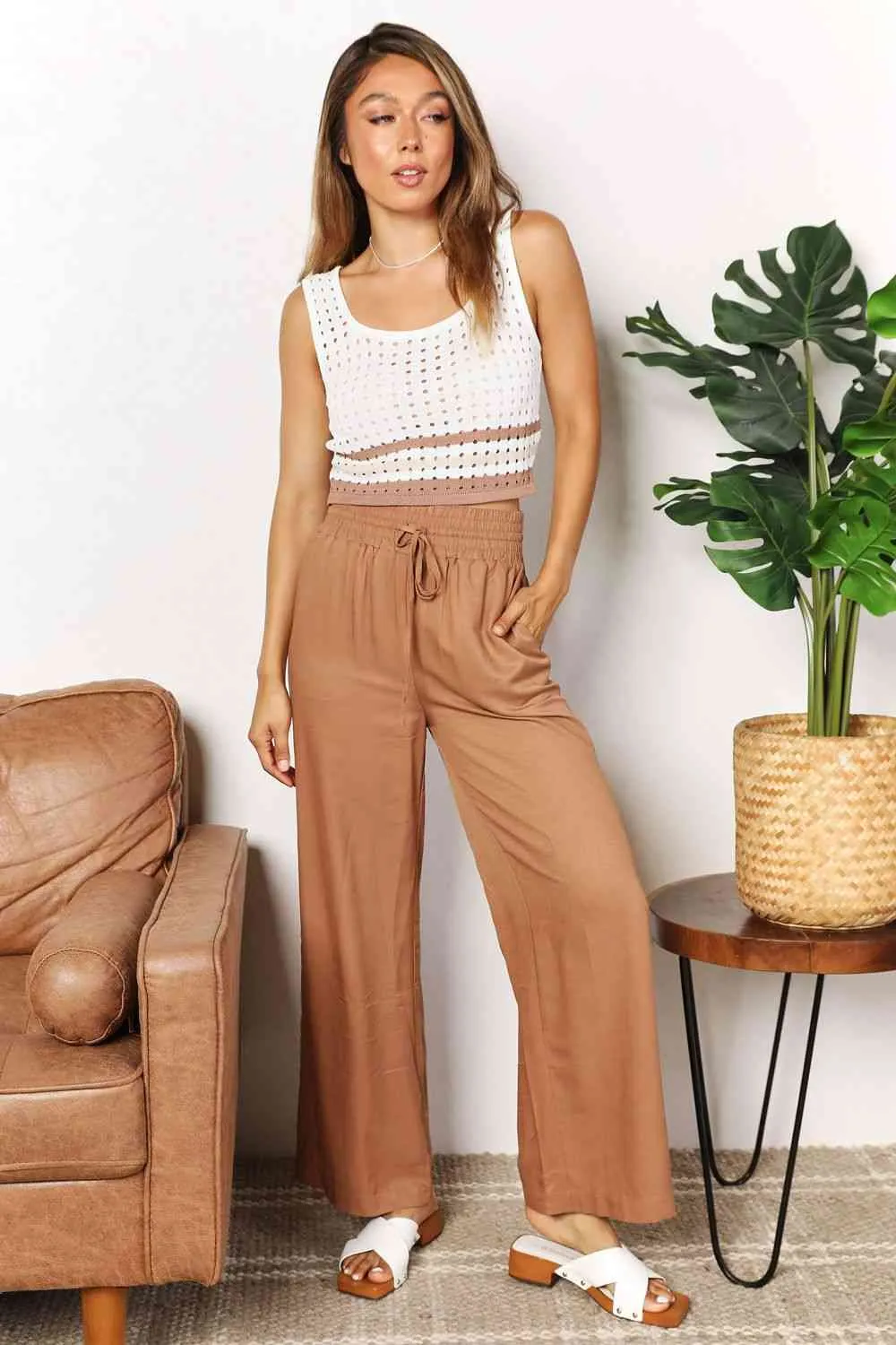 Women's Double Take Drawstring Smocked Waist Wide Leg Pants