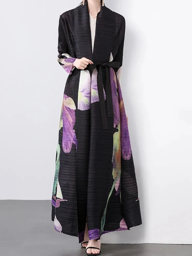 Women's Luxe Pink Floral Pleated Long Coat