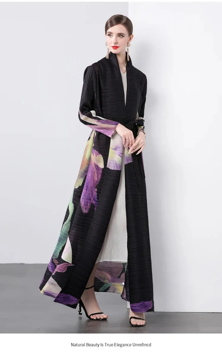 Women's Luxe Pink Floral Pleated Long Coat