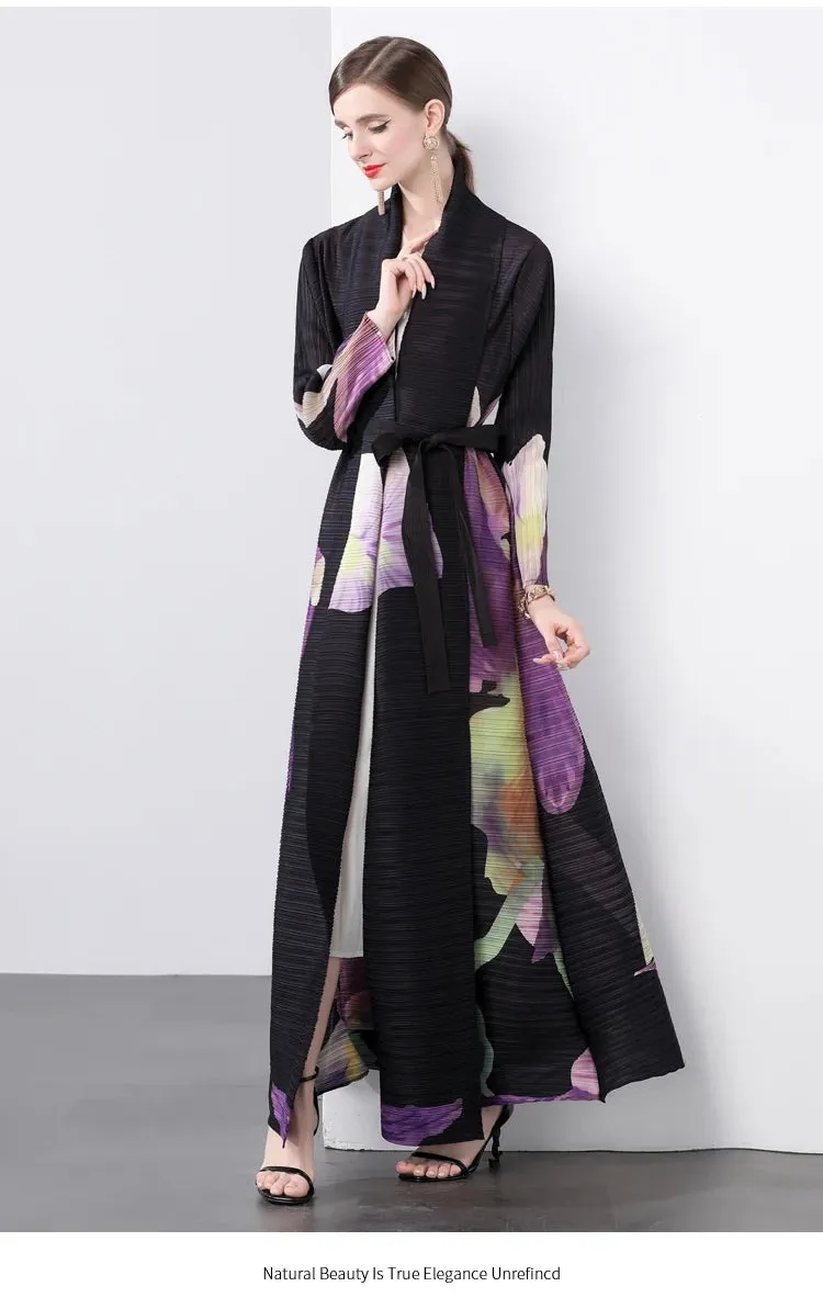 Women's Luxe Pink Floral Pleated Long Coat