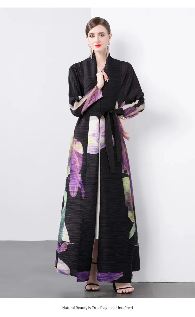 Women's Luxe Pink Floral Pleated Long Coat