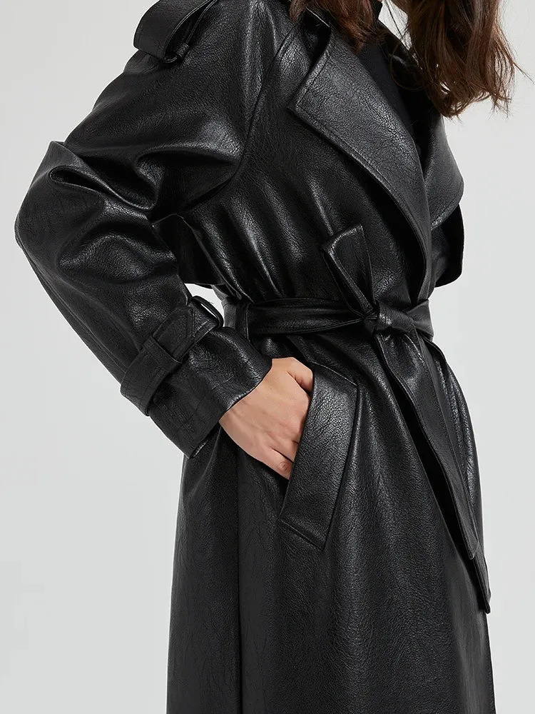 Women's Ultra Long Vegan Leather Trench Coat