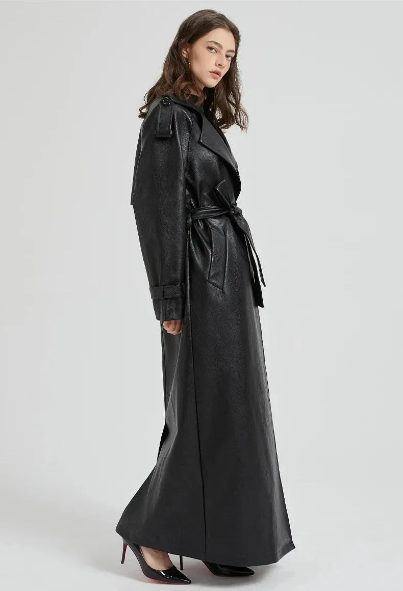 Women's Ultra Long Vegan Leather Trench Coat