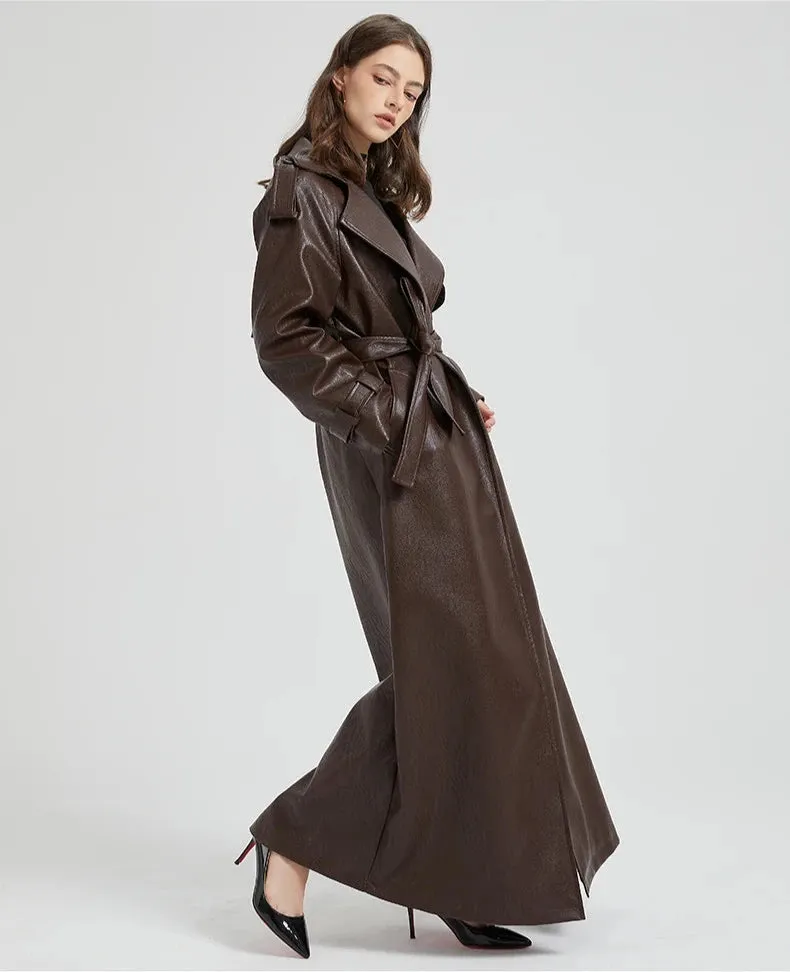 Women's Ultra Long Vegan Leather Trench Coat